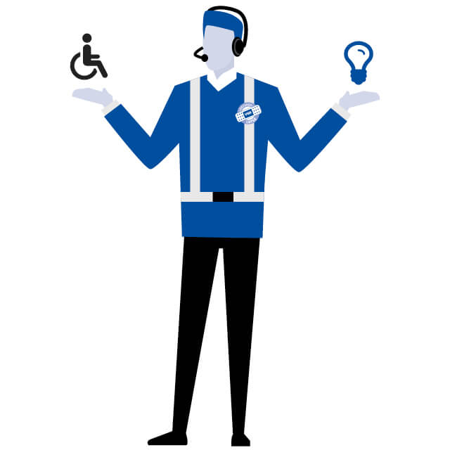 Unfallversicherung: Grafische Darstellung eines Mannes in Lotsen - Uniform. Er trägt ein Headset. Über seinen ausgebreiteten Händen schweben ein Rollstuhl - Icon und ein Glühbirnen - Icon.
