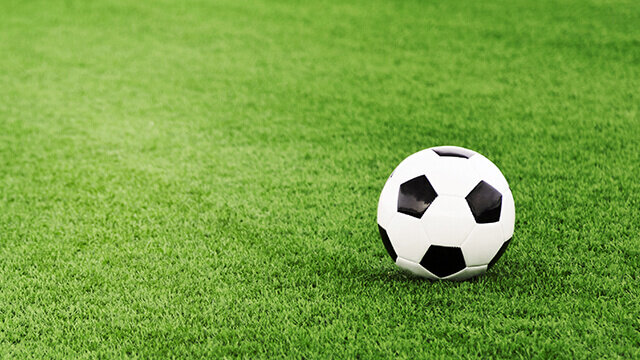 Ein Fußball liegt auf einem grünen Rasenfeld.