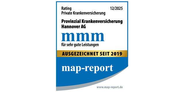 Auszeichnung für die Provinzial Krankenversicherung Hannover AG mit "mmm" für sehr gute Leistungen, map-report, gültig bis 12/2024.