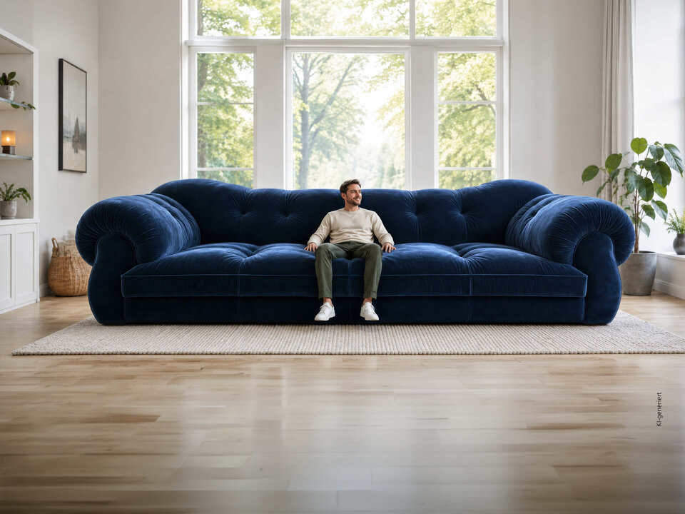 Ein Mann sitzt entspannt auf einem großen, blauen Sofa in einem hellen Raum mit großen Fenstern und Pflanzen.